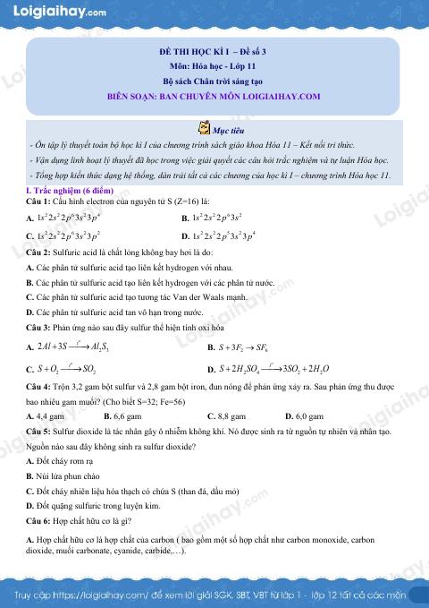 Đề thi học kì 1 Hóa 11 Chân trời sáng tạo - Đề số 3